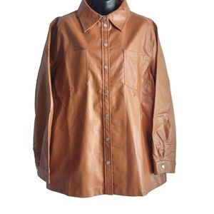 Haptics by Holly Harper Brown Faux Leather Oversized Snap Button Jacket Sz M New